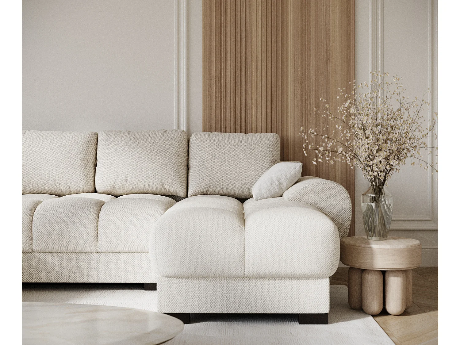 Canapé panoramique en tissu chenille Peebles - 6 places - creme