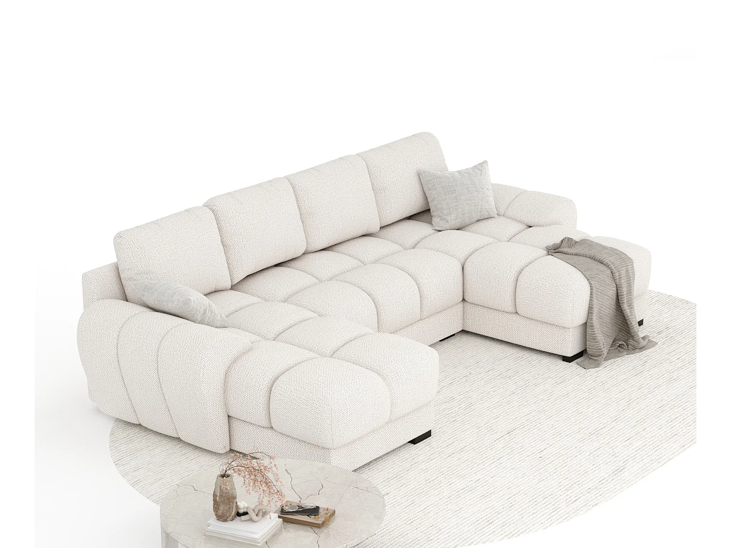 Canapé panoramique en tissu chenille Peebles - 6 places - creme