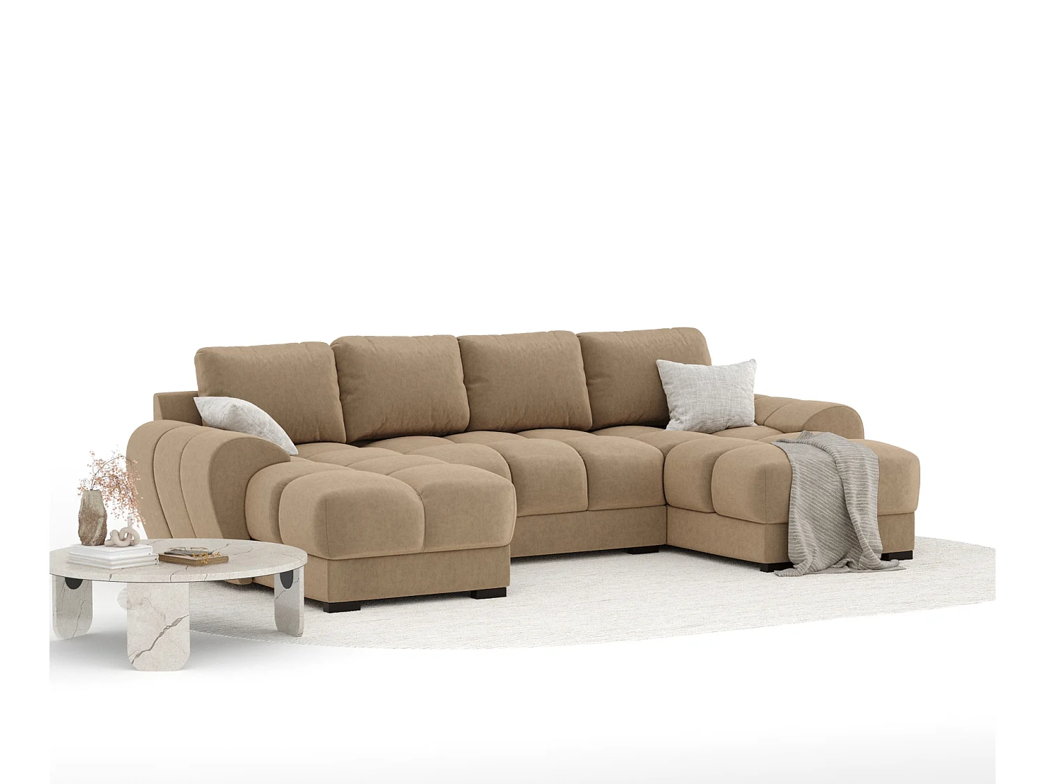 Canapé panoramique en tissu velours Peebles - 6 places - beige