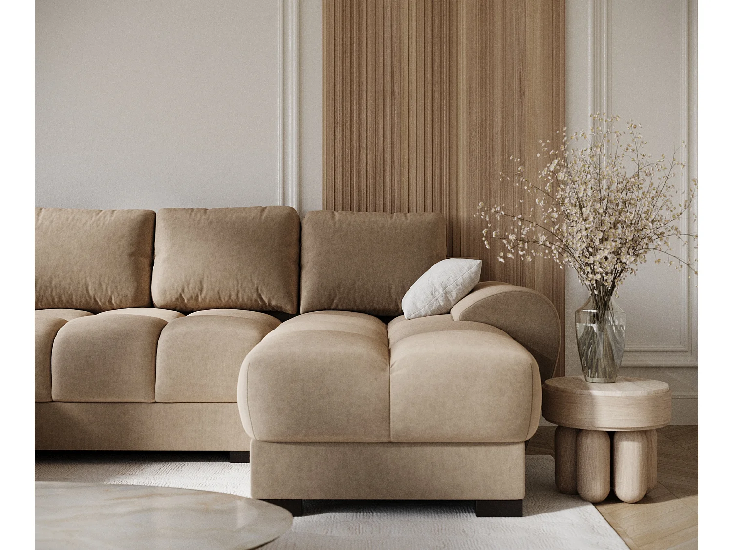 Canapé panoramique en tissu velours Peebles - 6 places - beige