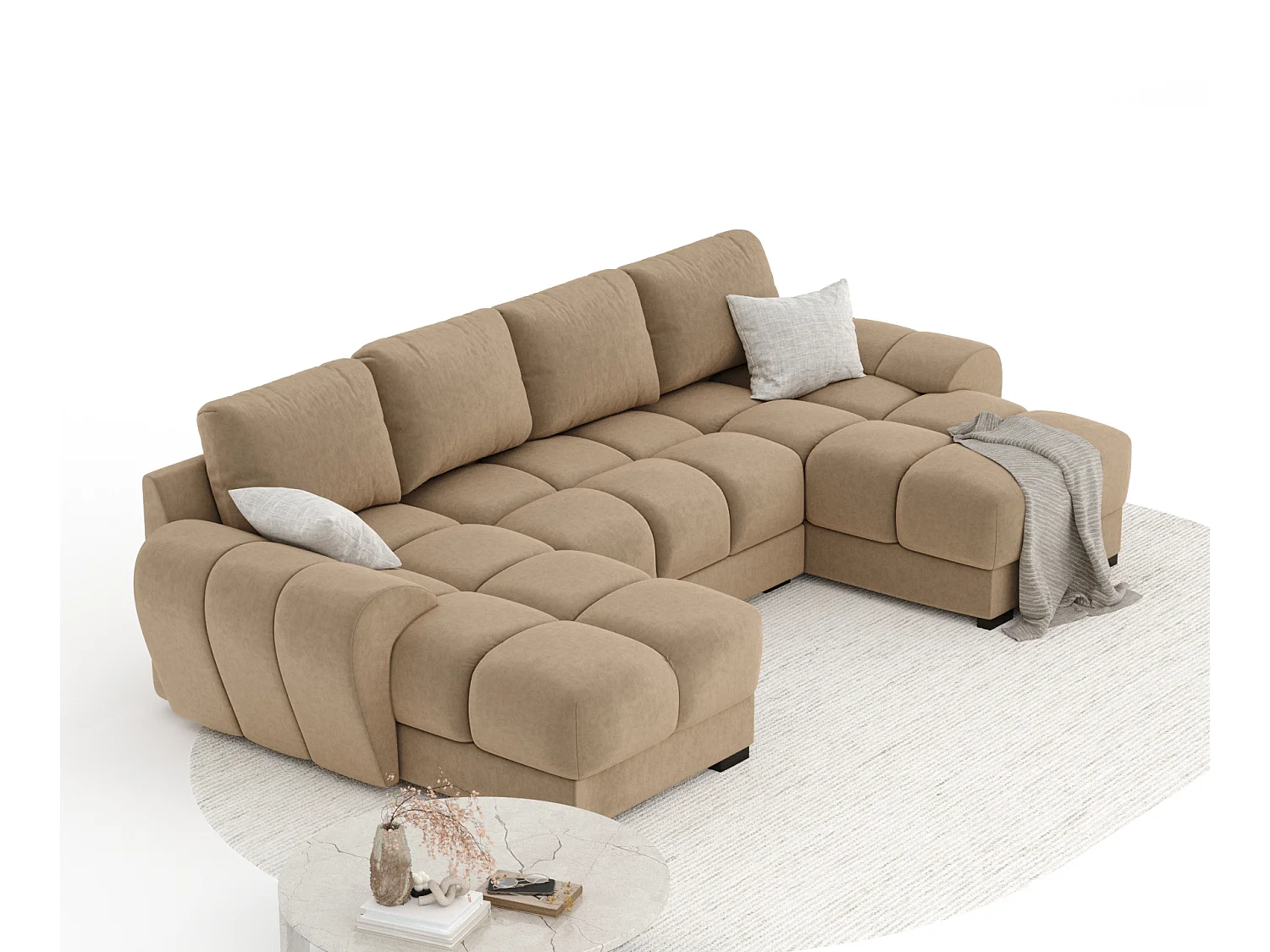 Canapé panoramique en tissu velours Peebles - 6 places - beige