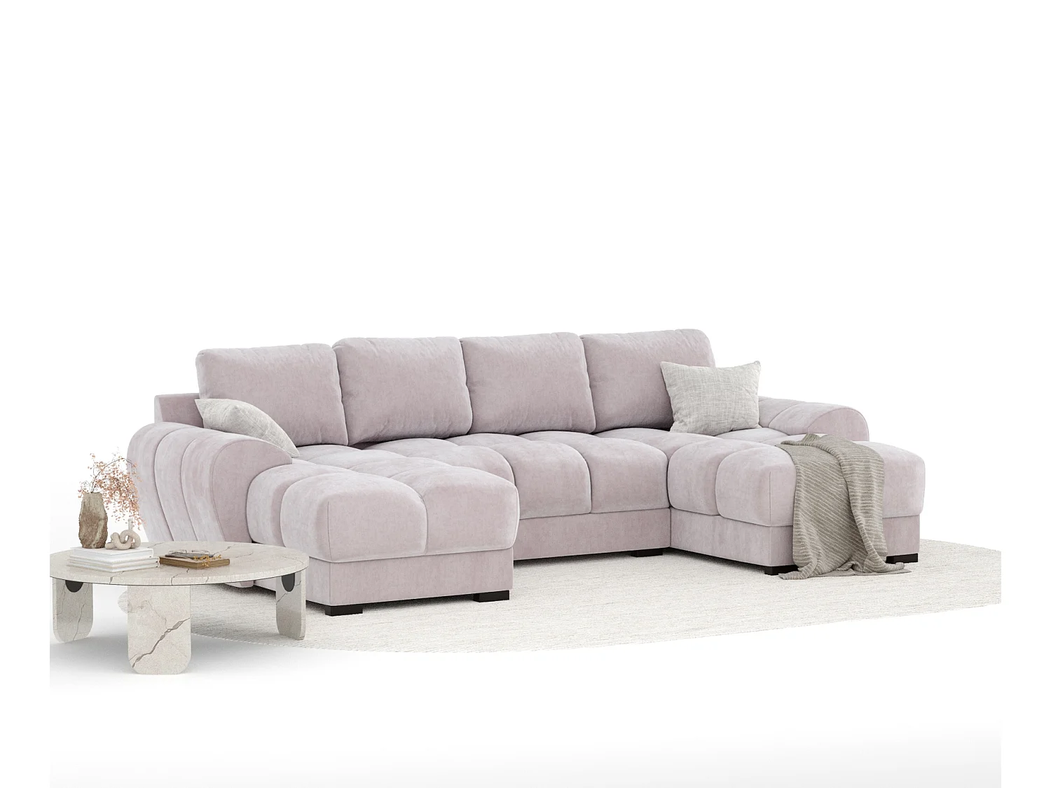 Canapé panoramique en tissu velours Peebles - 6 places - lilas