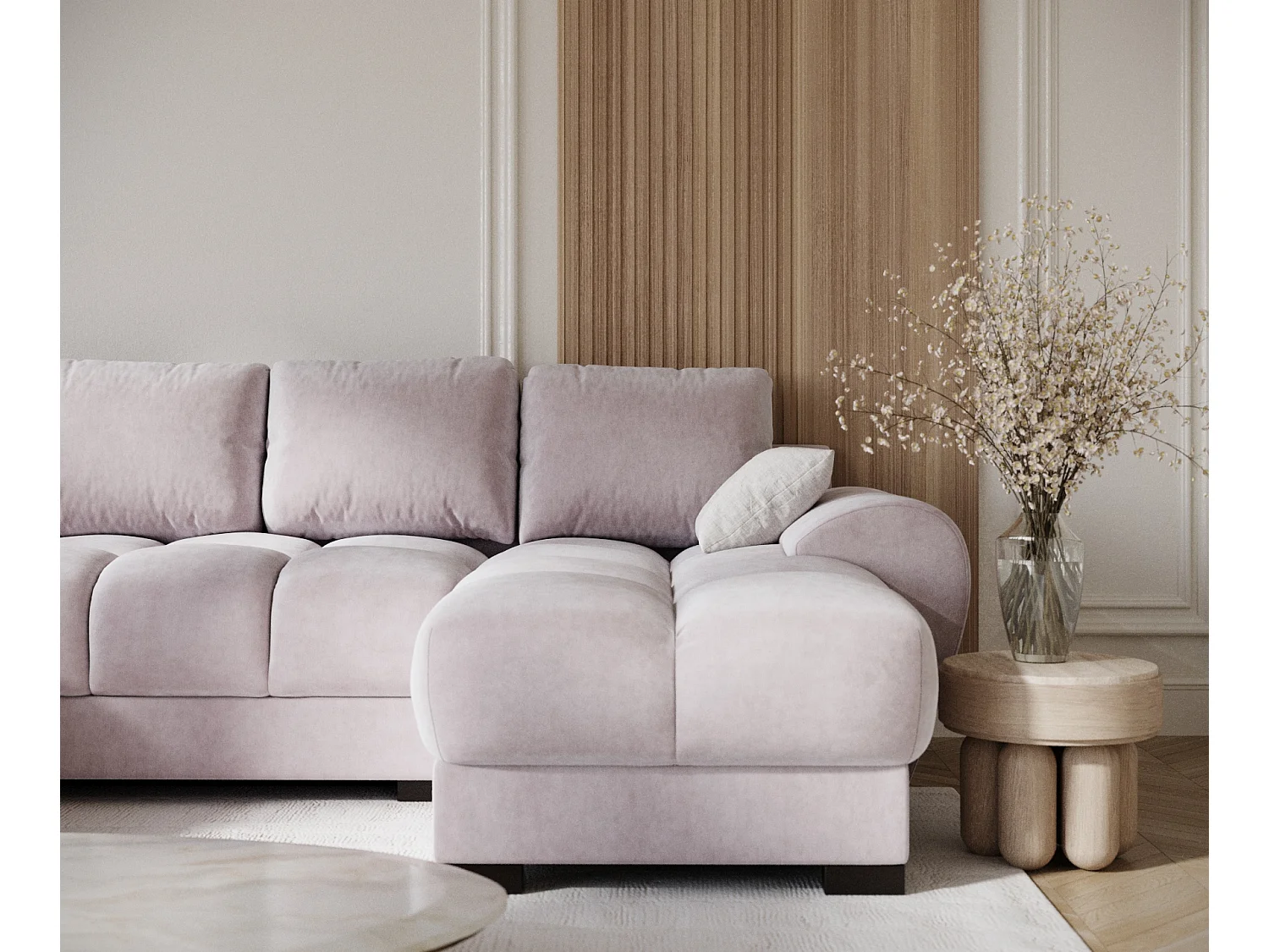 Canapé panoramique en tissu velours Peebles - 6 places - lilas