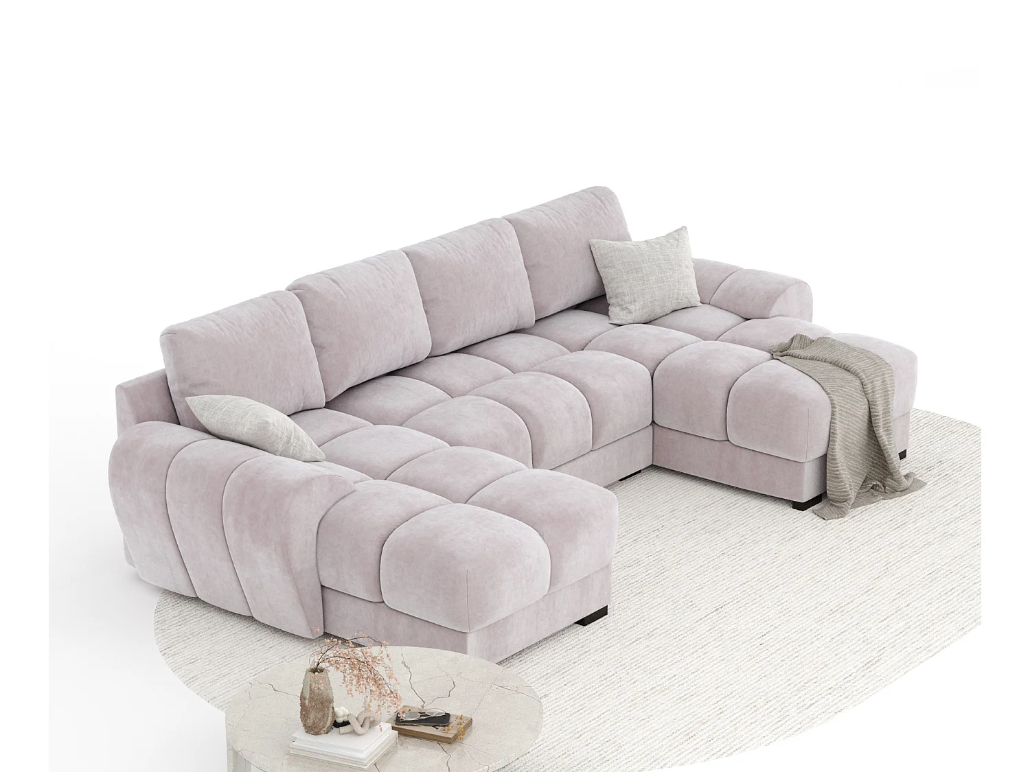 Canapé panoramique en tissu velours Peebles - 6 places - lilas