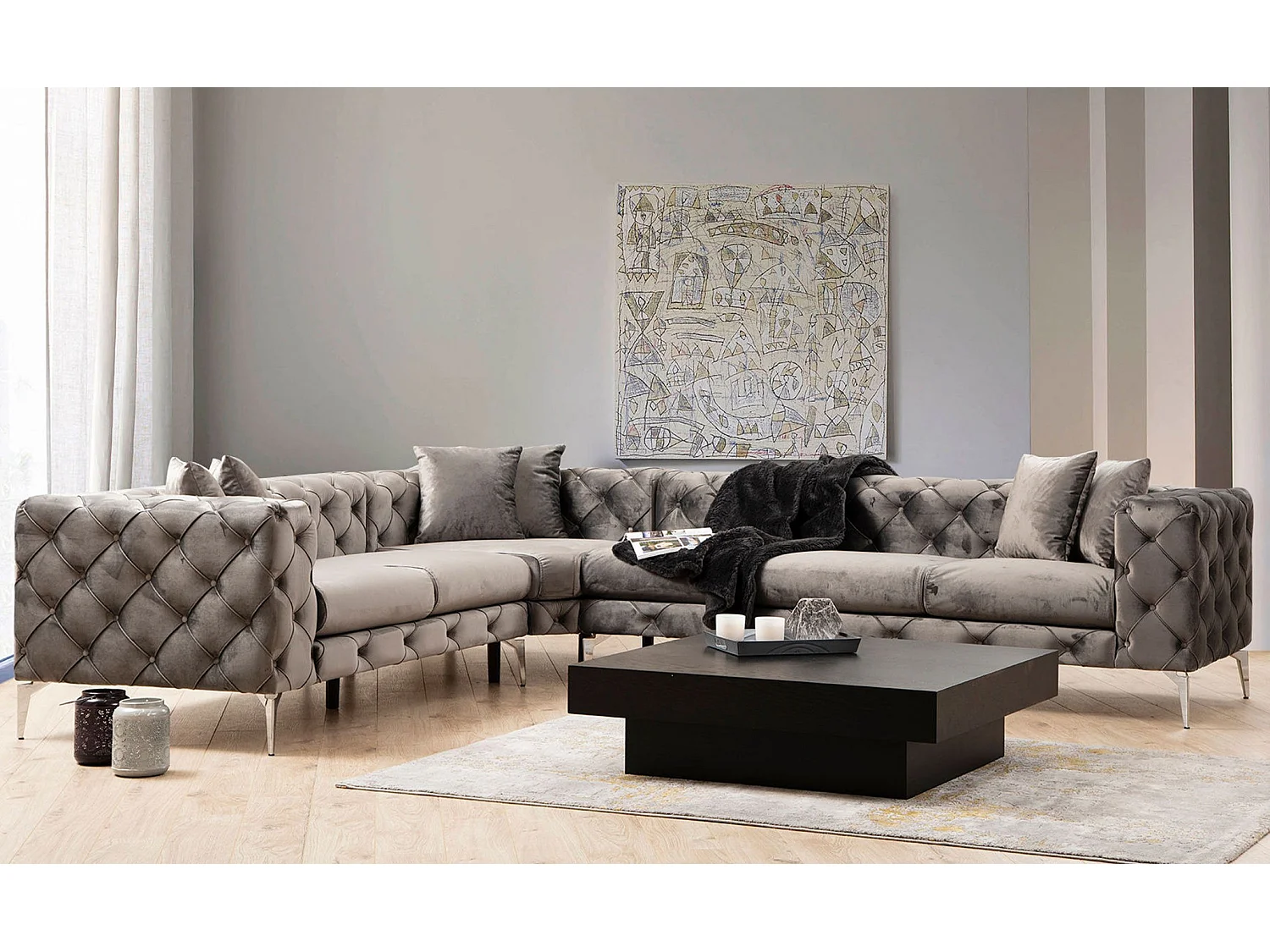 Canapé d'angle à gauche capitonné avec 6 coussins Alykes Velours Anthracite