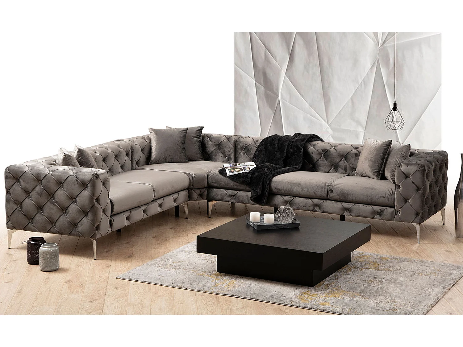 Canapé d'angle à gauche capitonné avec 6 coussins Alykes Velours Anthracite