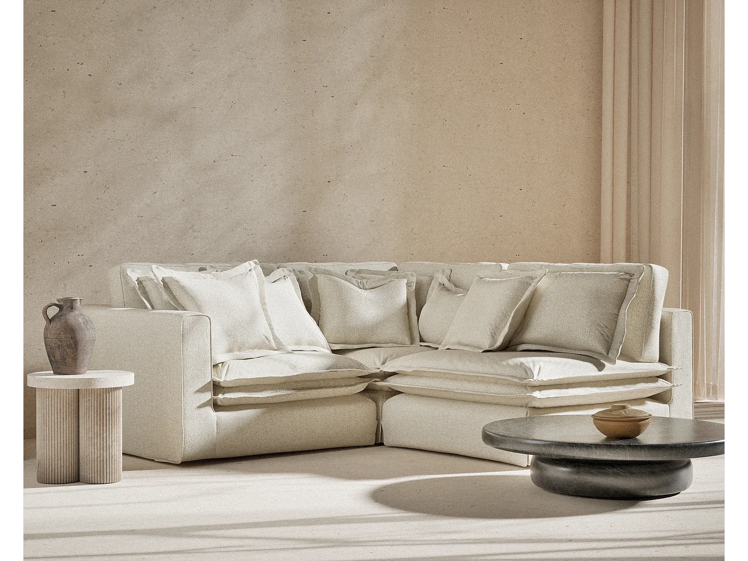 Canapé d'angle en toile tissée Amalfi - 5 places - creme