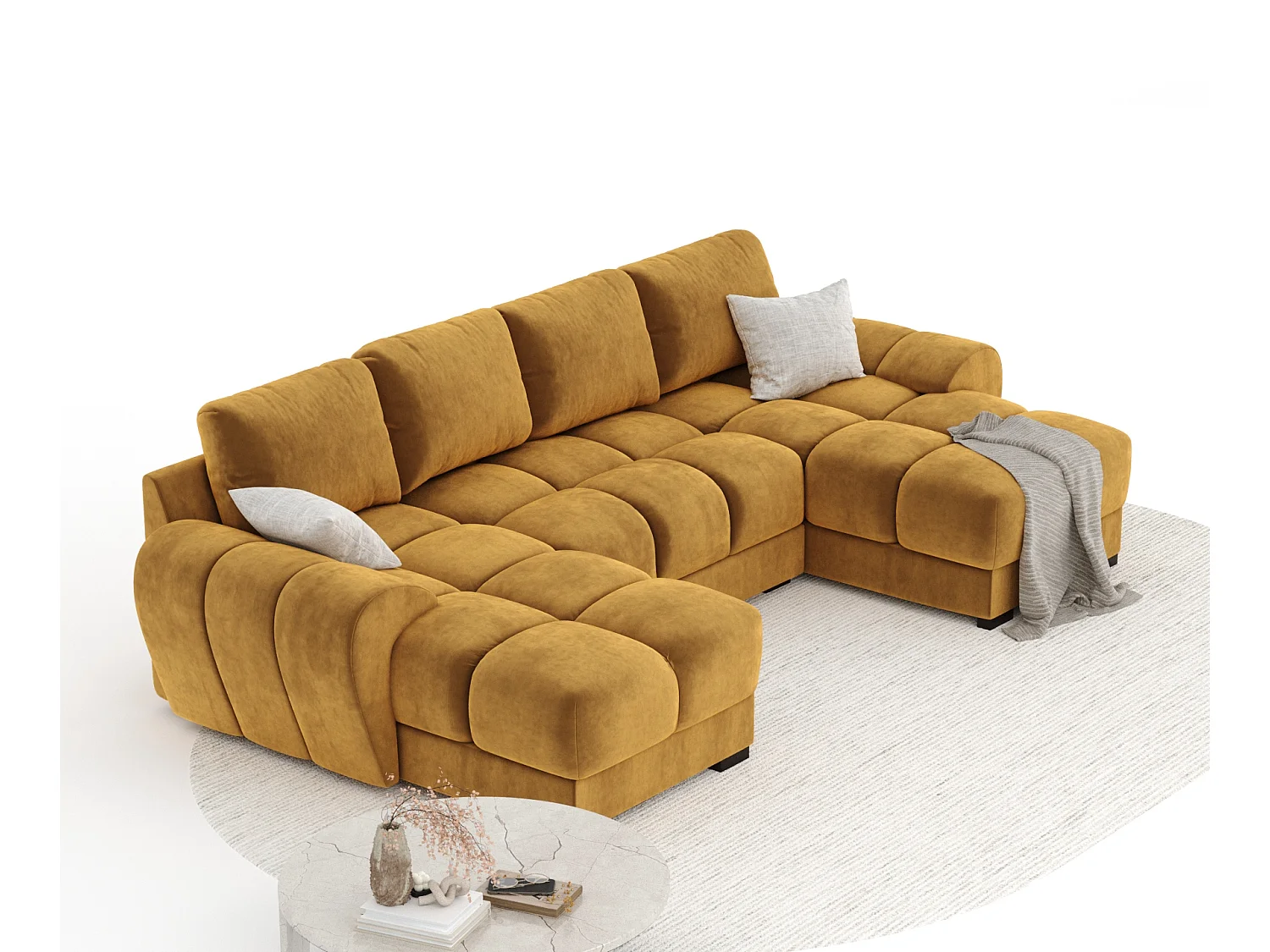 Canapé panoramique en tissu velours Peebles - 6 places - jaune