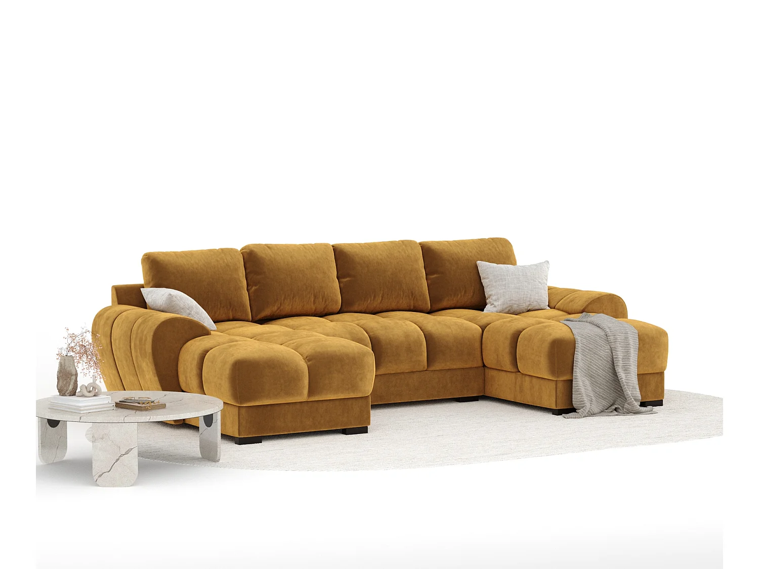 Canapé panoramique en tissu velours Peebles - 6 places - jaune