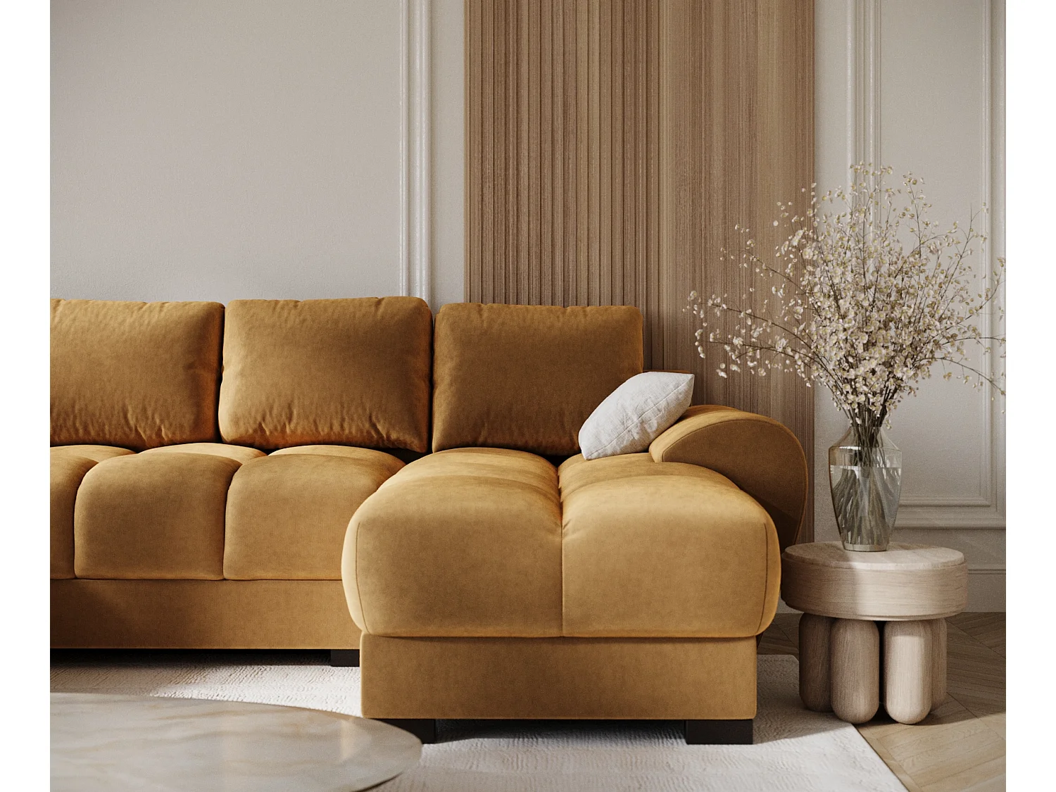 Canapé panoramique en tissu velours Peebles - 6 places - jaune