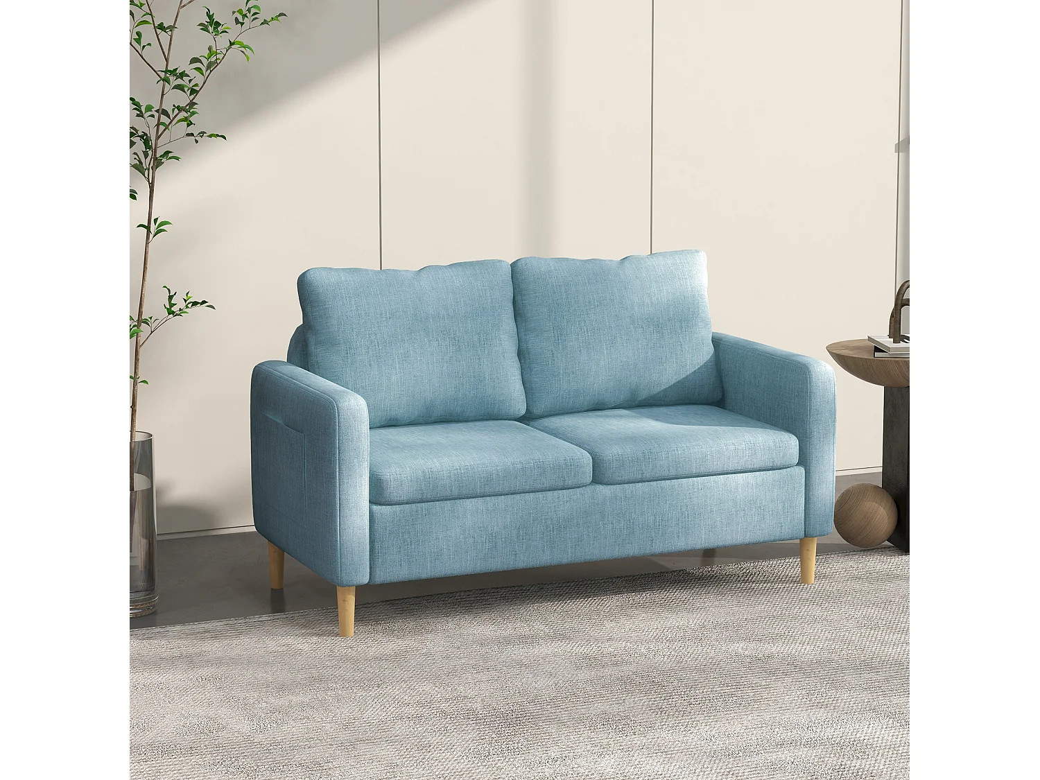 Sofá Dool Nórdico de 2 Lugares em Tecido Premium Azul com Bolsos Laterais - 143x76x83 cm