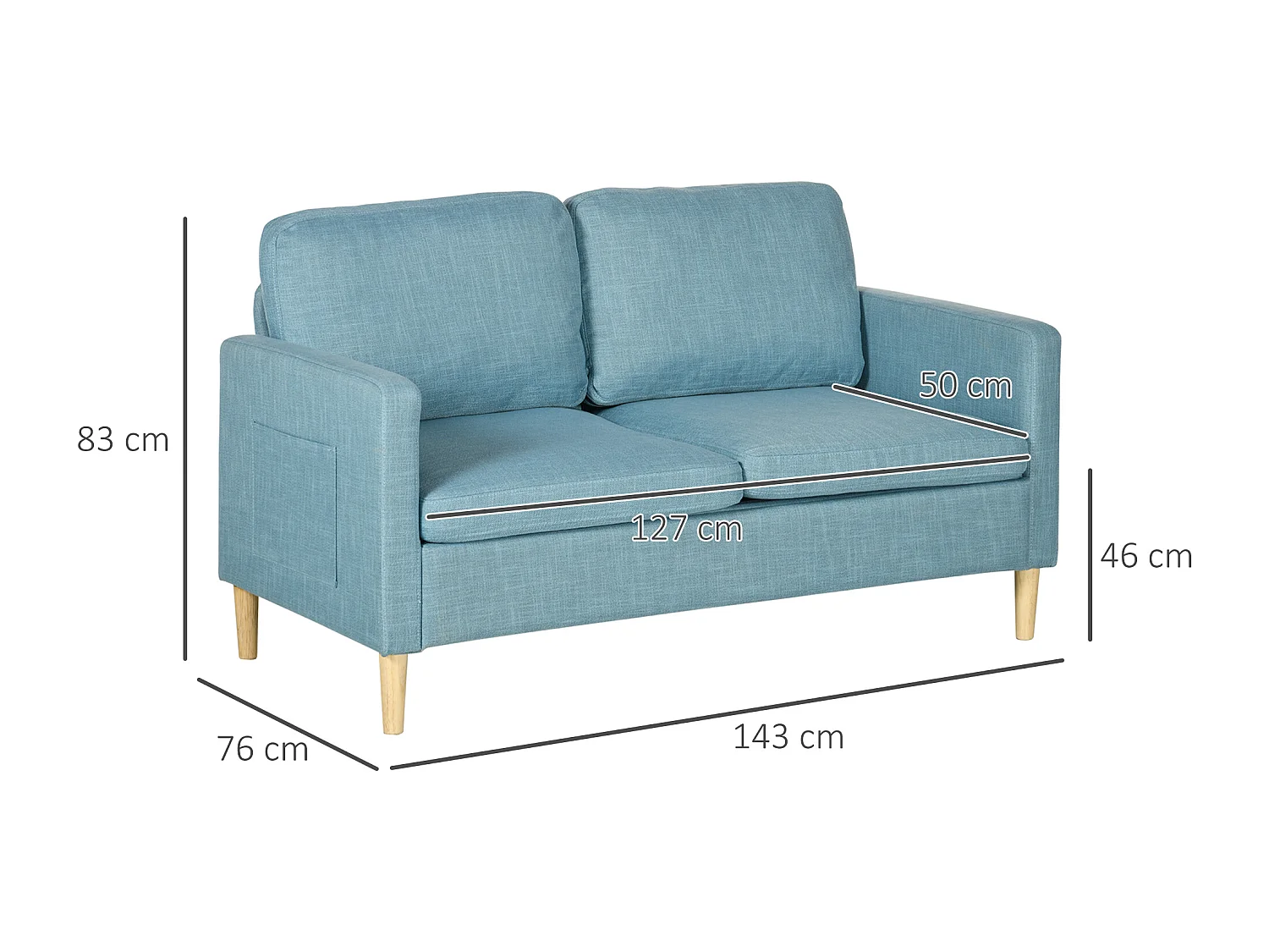 Sofá Dool Nórdico de 2 Lugares em Tecido Premium Azul com Bolsos Laterais - 143x76x83 cm