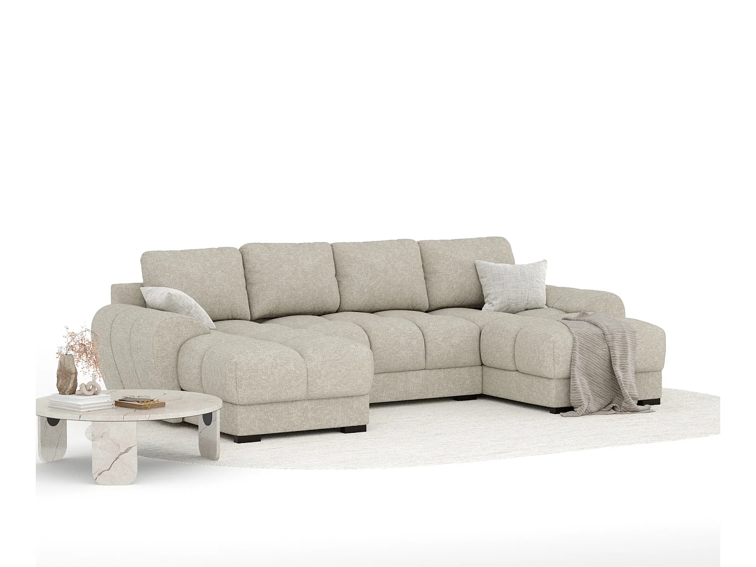 Canapé panoramique en tissu chenille Peebles - 6 places - beige gris