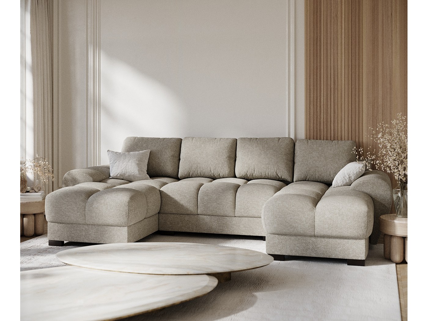 Canapé panoramique en tissu chenille Peebles - 6 places - beige gris