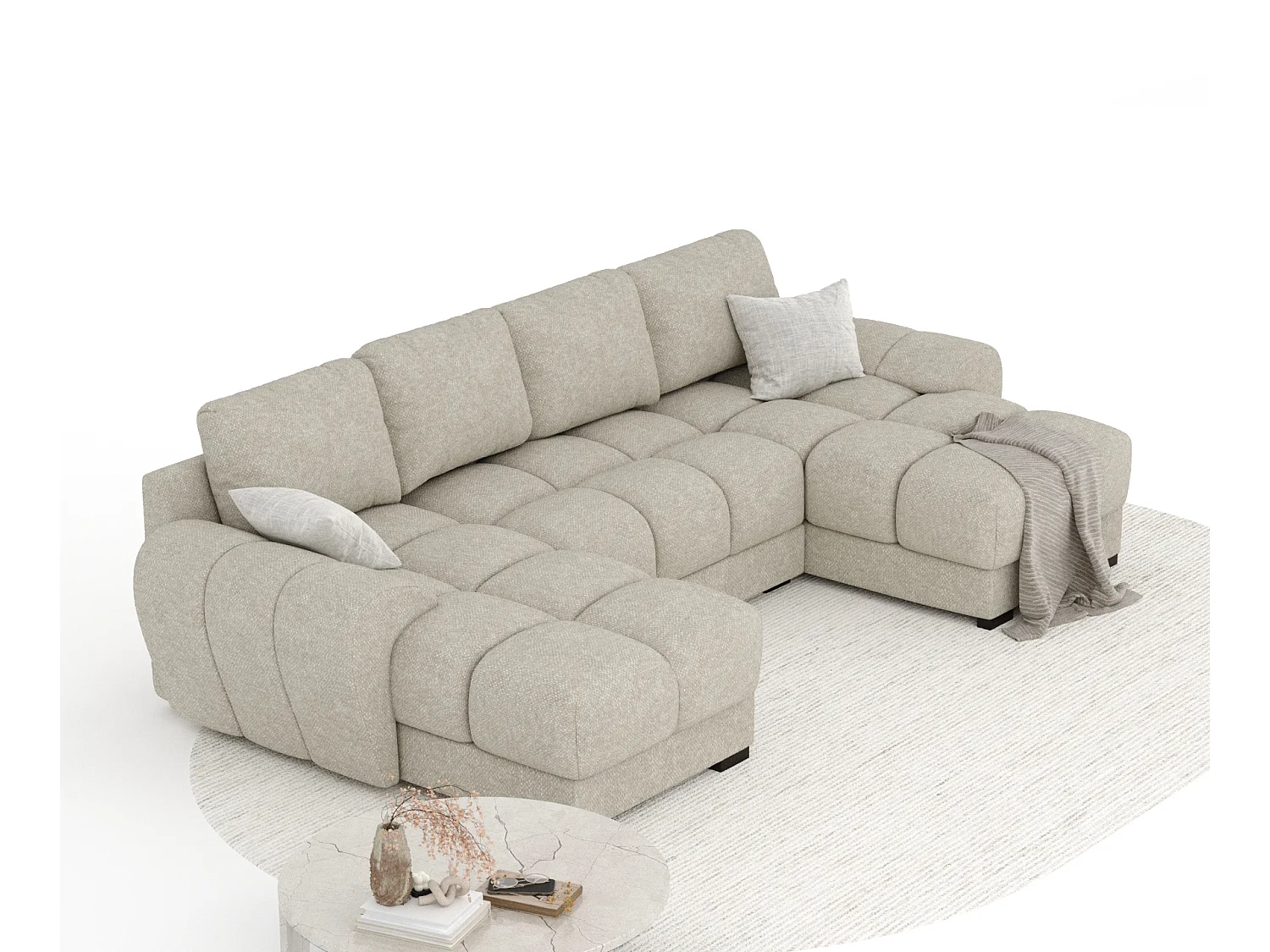 Canapé panoramique en tissu chenille Peebles - 6 places - beige gris