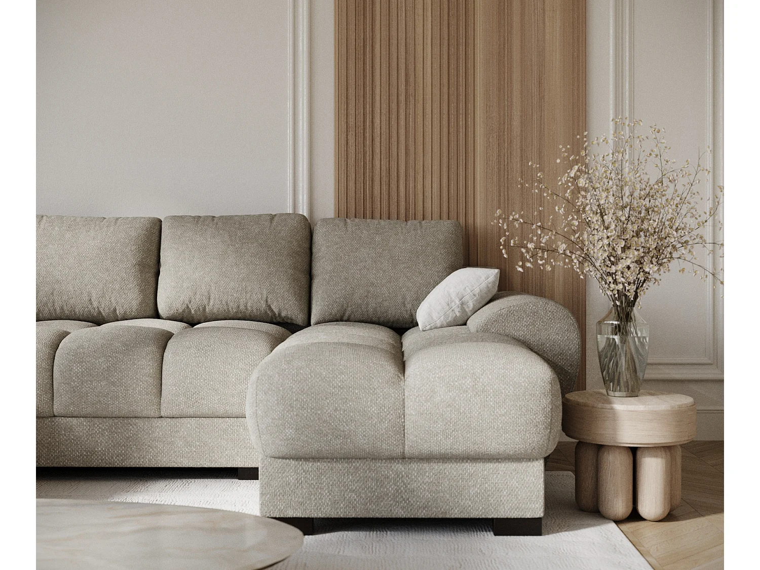 Canapé panoramique en tissu chenille Peebles - 6 places - beige gris