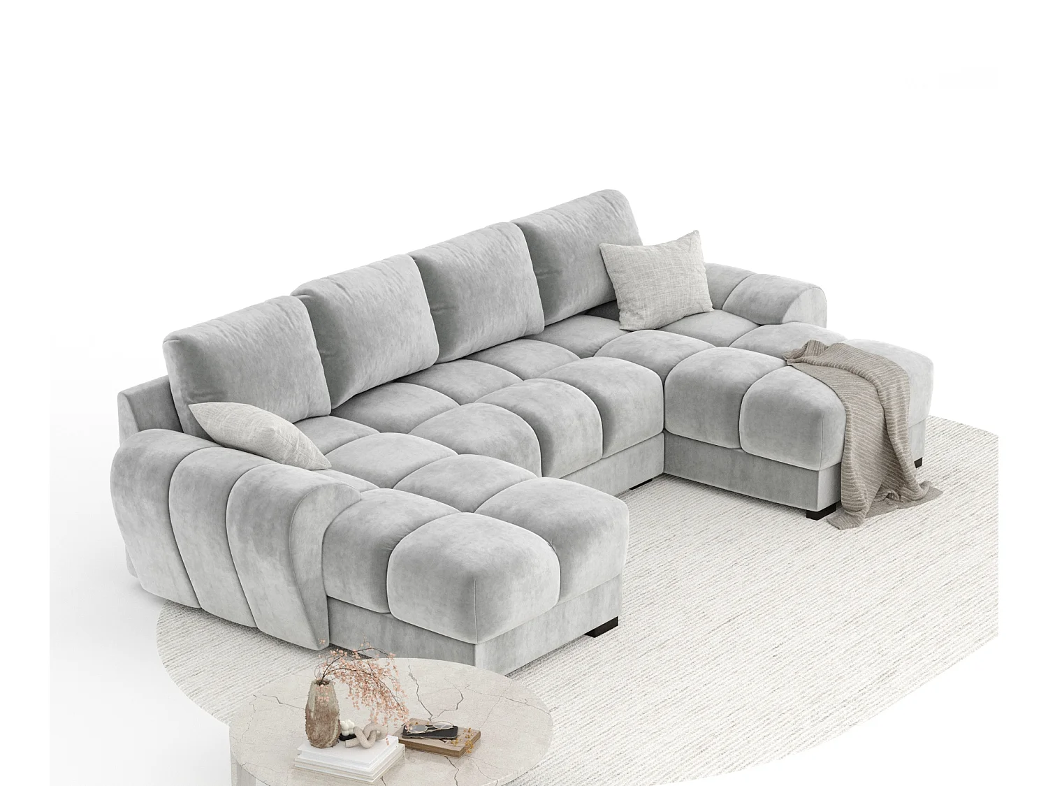 Canapé panoramique en tissu velours Peebles - 6 places - gris clair