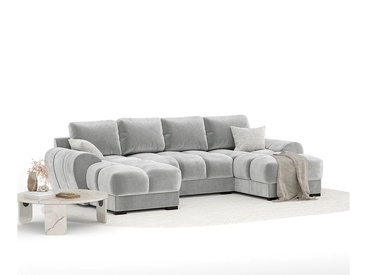 Canapé panoramique en tissu velours Peebles - 6 places - gris clair