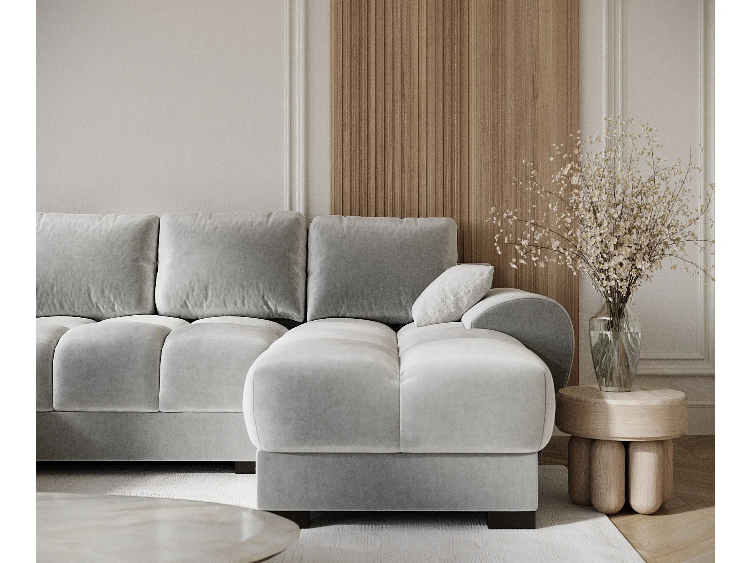 Canapé panoramique en tissu velours Peebles - 6 places - gris clair