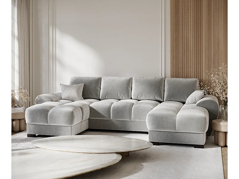 Canapé panoramique en tissu velours Peebles - 6 places - gris clair