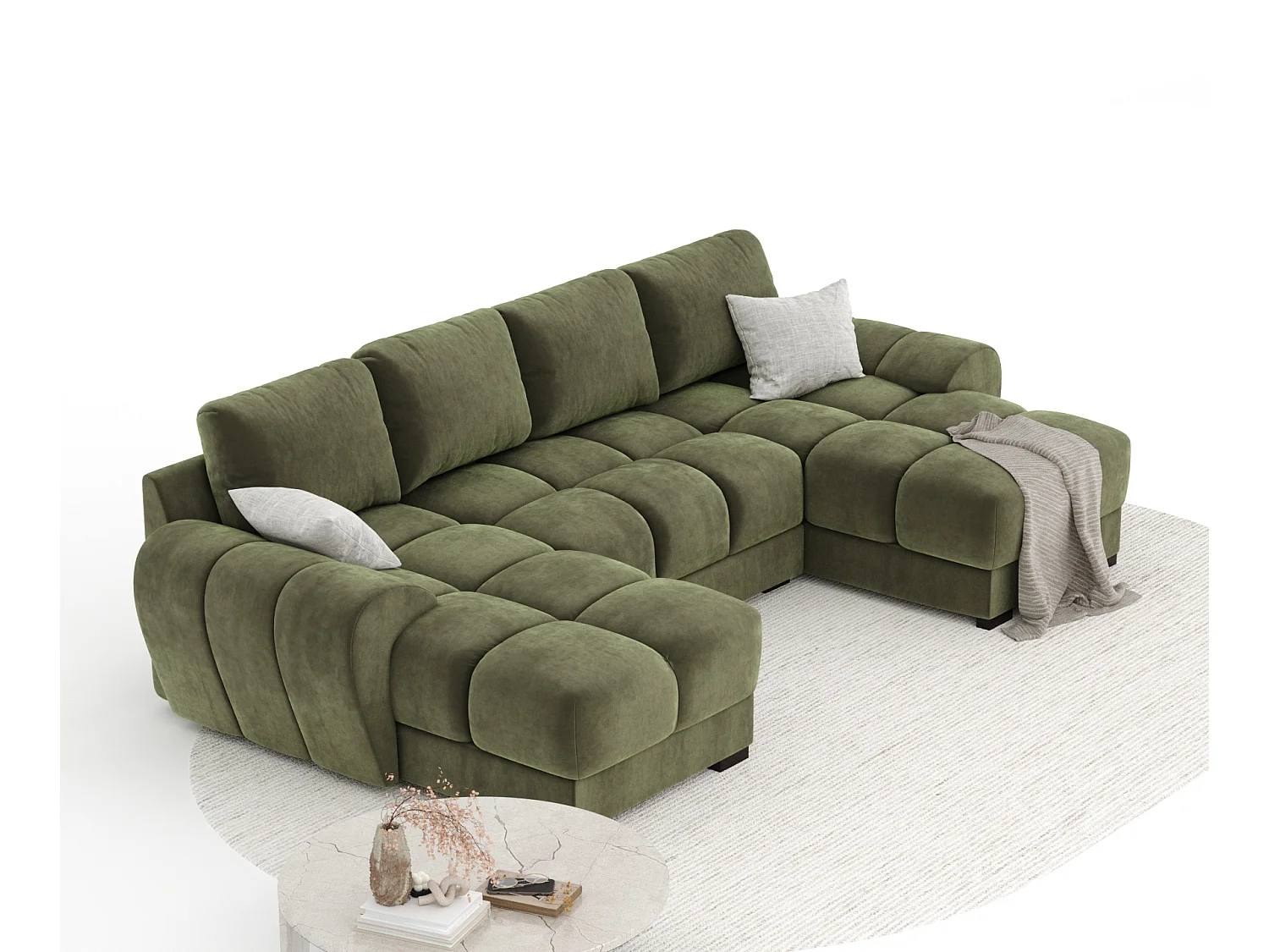 Canapé panoramique en tissu velours Peebles - 6 places - vert olive