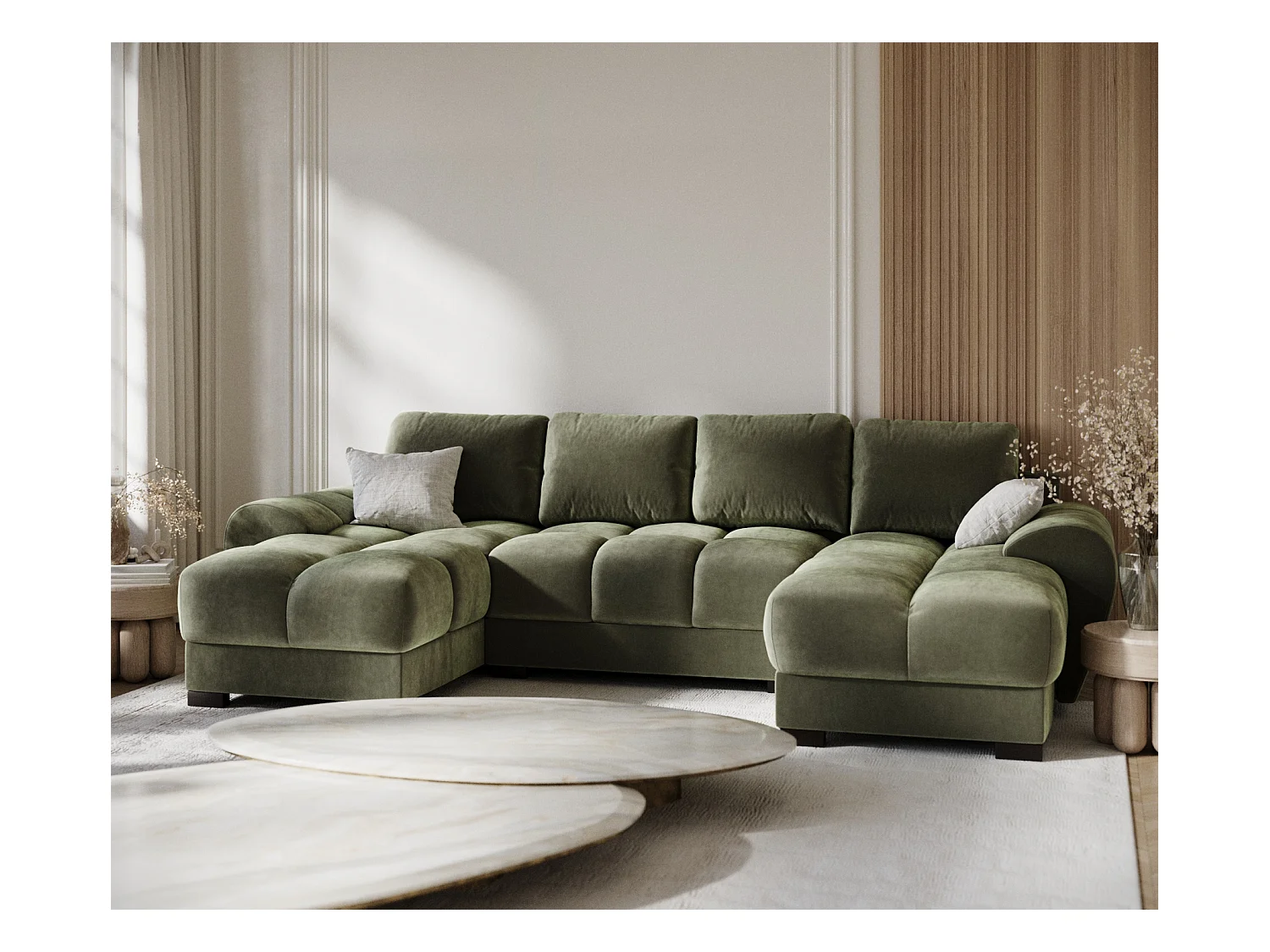 Panorama-Sofa aus Samtstoff Peebles - Sechs-Personen - olivenfarbe