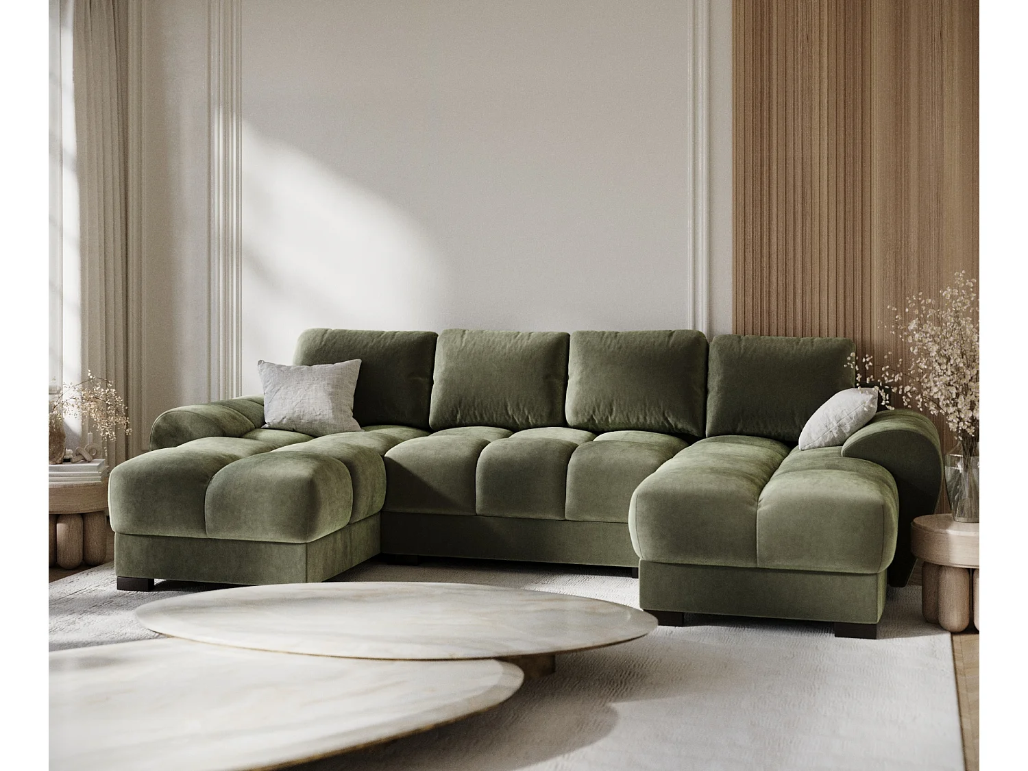 Canapé panoramique en tissu velours Peebles - 6 places - vert olive