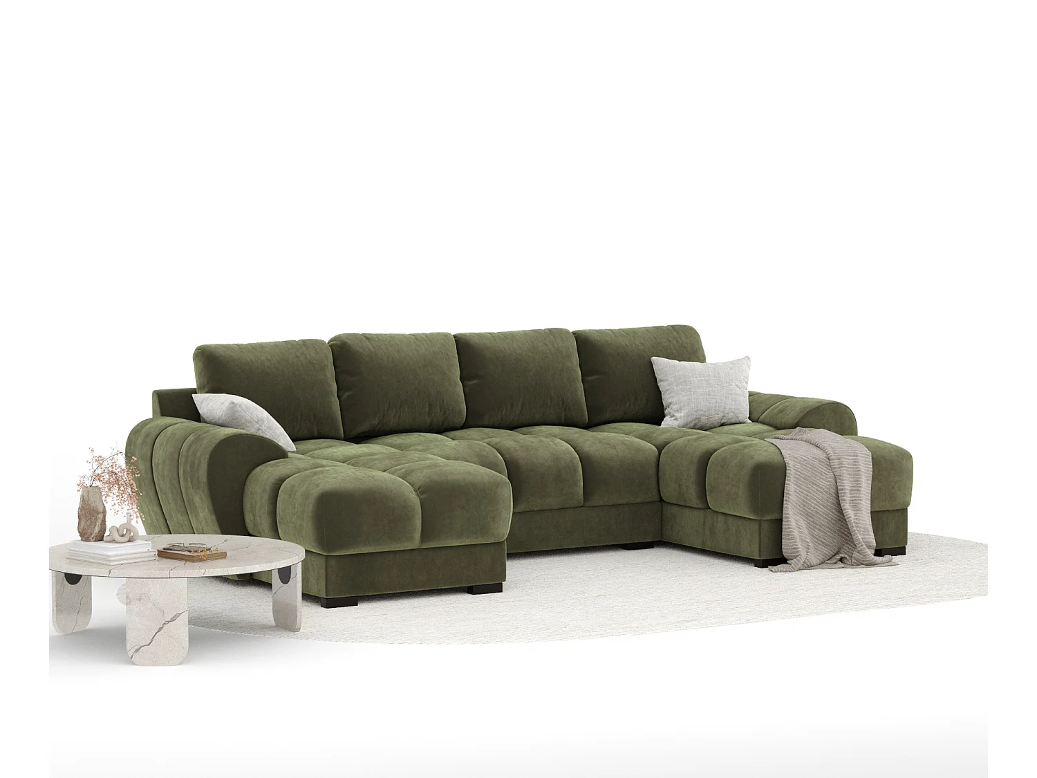 Canapé panoramique en tissu velours Peebles - 6 places - vert olive