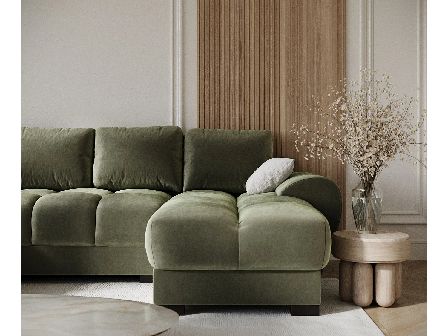 Canapé panoramique en tissu velours Peebles - 6 places - vert olive