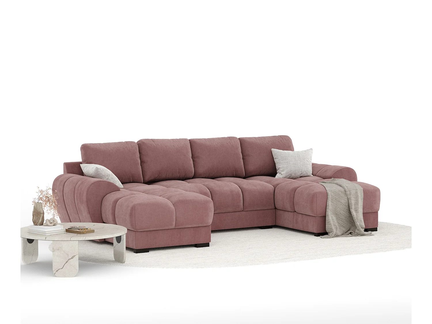 Canapé panoramique en tissu velours Peebles - 6 places - rose