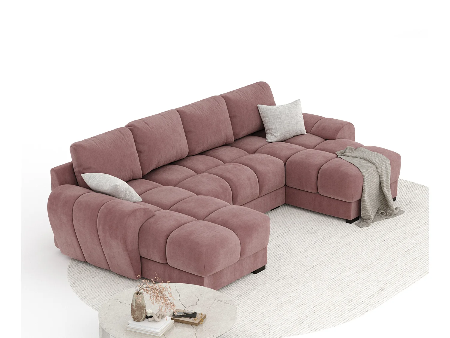 Canapé panoramique en tissu velours Peebles - 6 places - rose