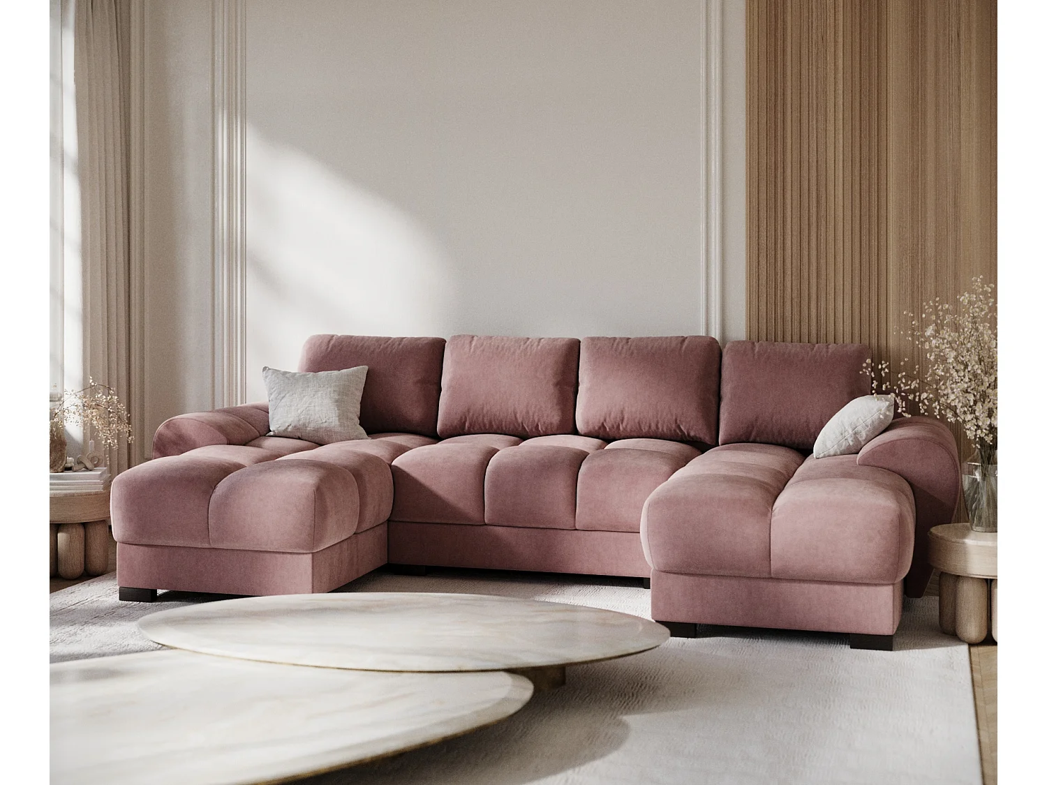 Canapé panoramique en tissu velours Peebles - 6 places - rose