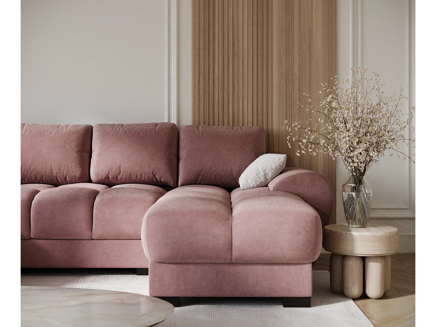 Canapé panoramique en tissu velours Peebles - 6 places - rose