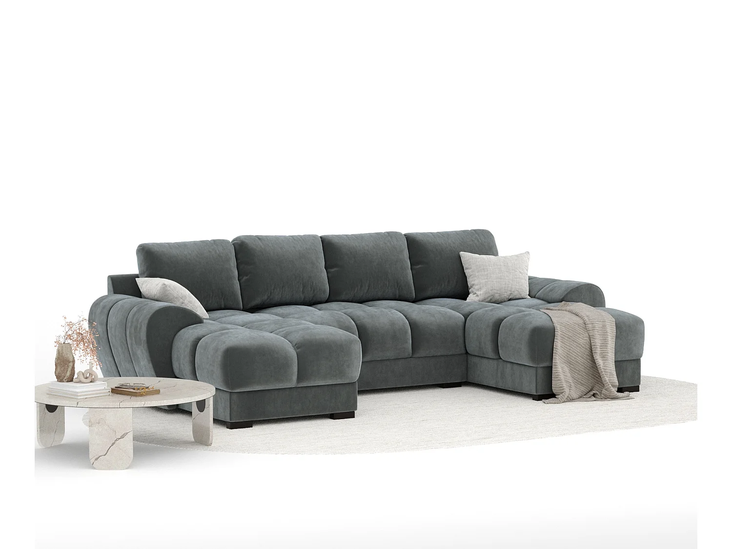 Canapé panoramique en tissu velours Peebles - 6 places - gris