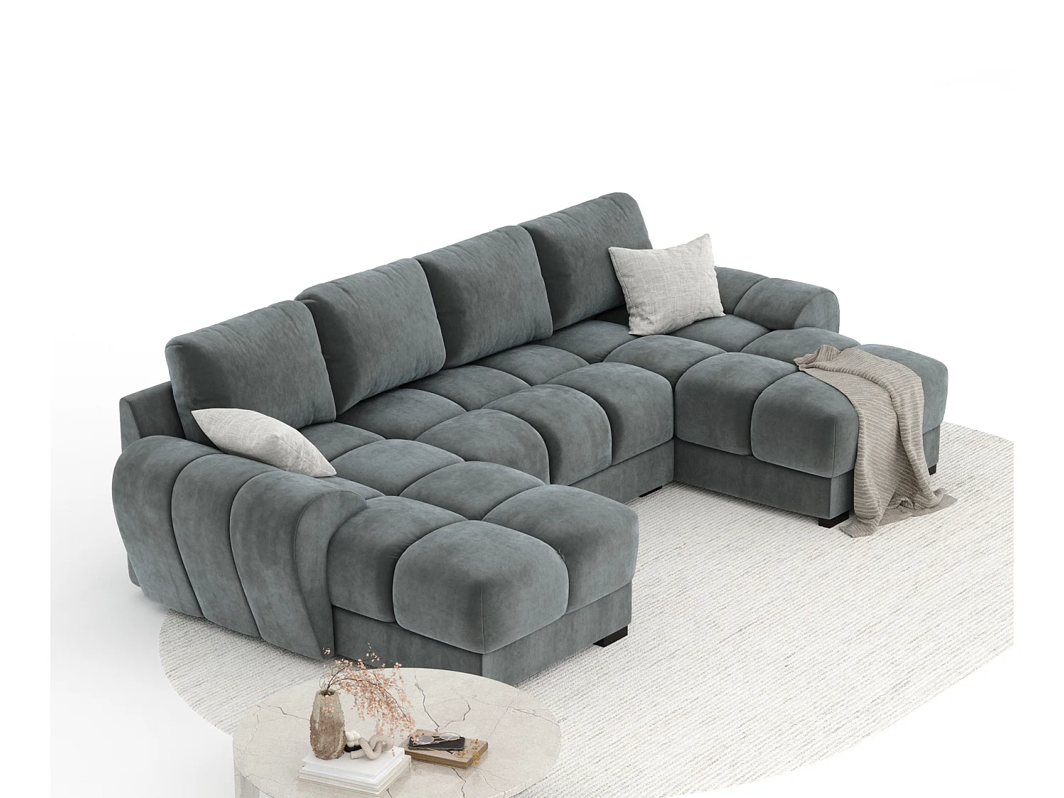 Canapé panoramique en tissu velours Peebles - 6 places - gris