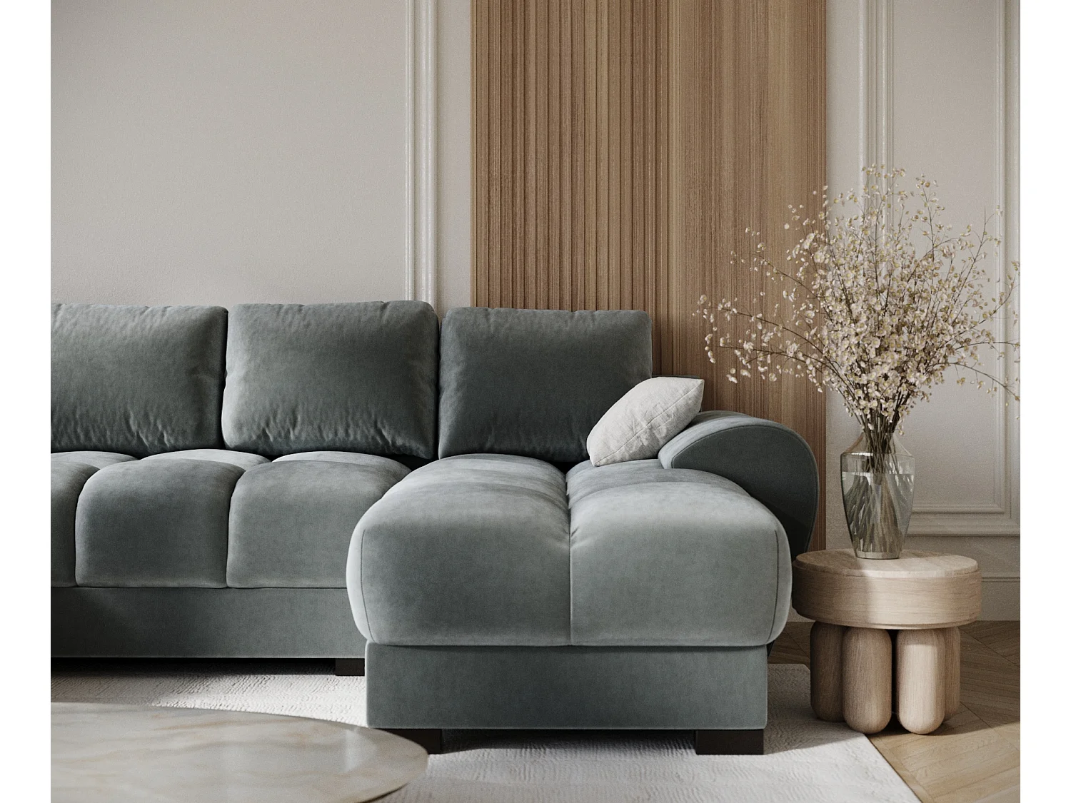 Canapé panoramique en tissu velours Peebles - 6 places - gris