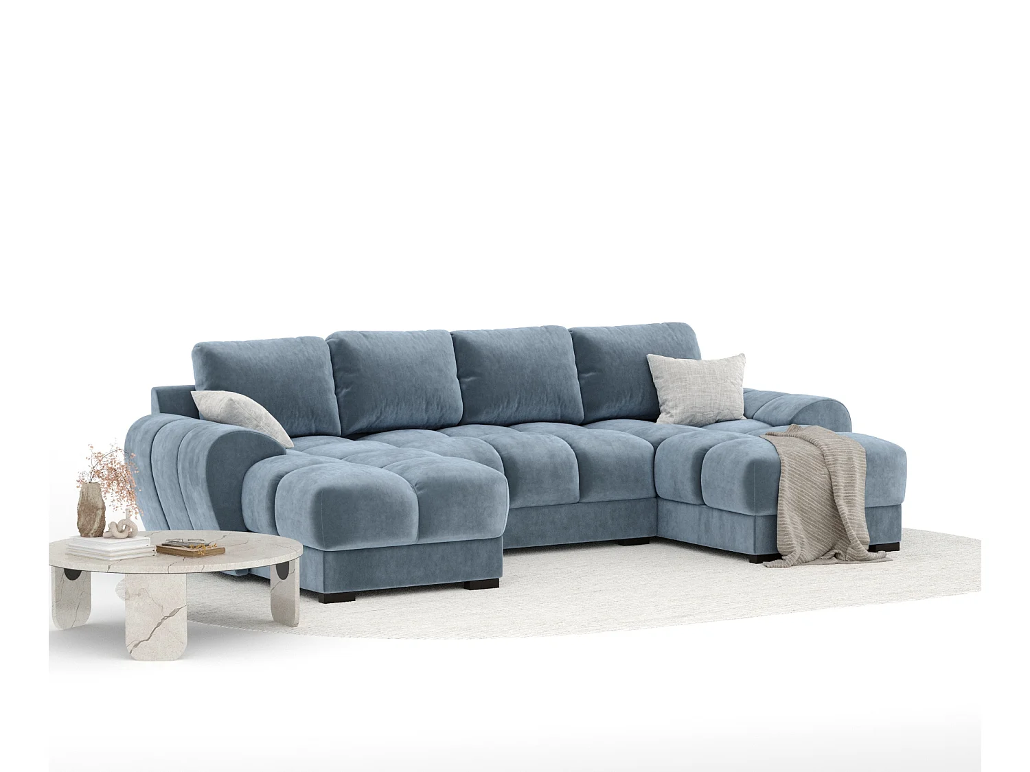 Canapé panoramique en tissu velours Peebles - 6 places - bleu