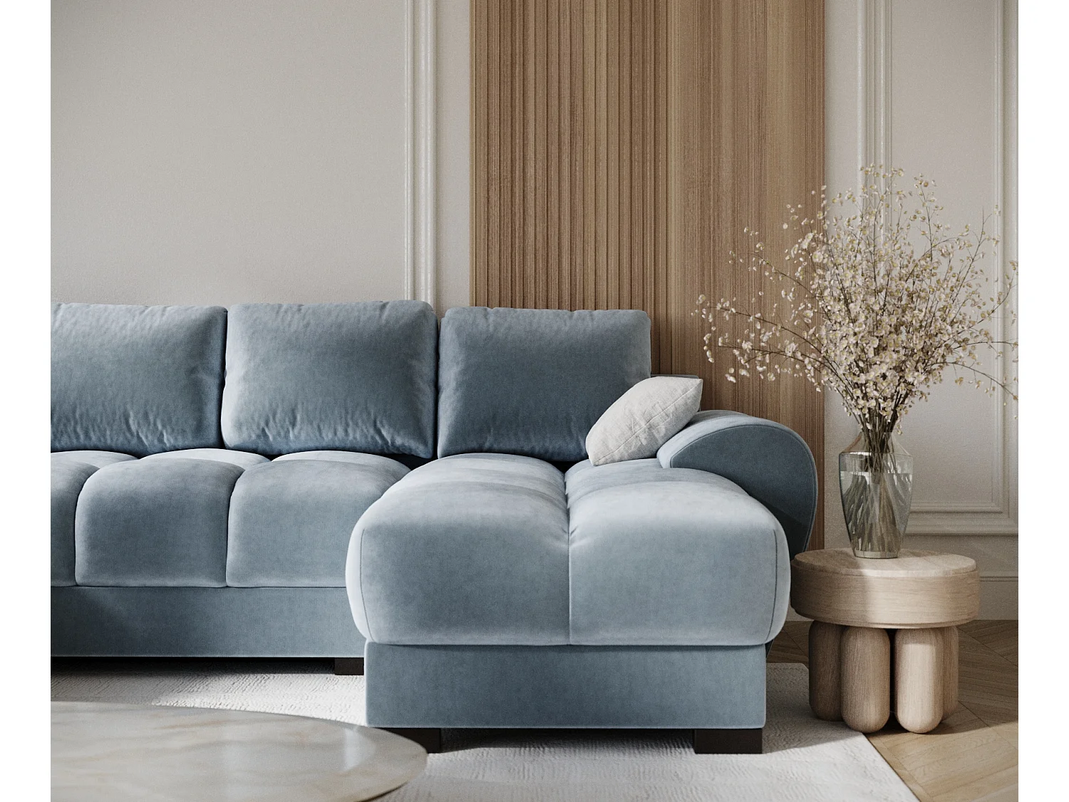 Canapé panoramique en tissu velours Peebles - 6 places - bleu
