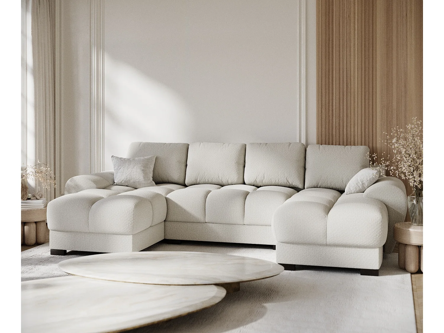 Canapé panoramique en tissu chenille Peebles - 6 places - beige