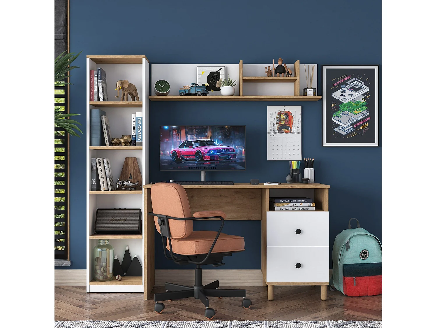 Bureau avec étagère bibliothèque Evrard Bois clair et Blanc