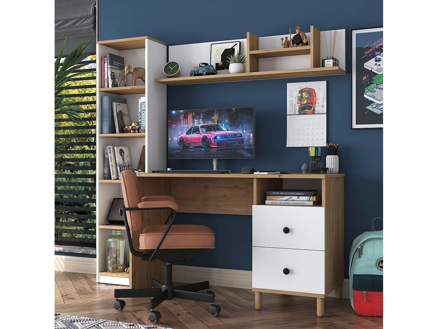 Bureau avec étagère bibliothèque Evrard Bois clair et Blanc