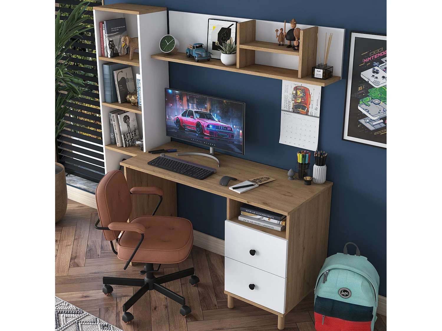 Bureau avec étagère bibliothèque Evrard Bois clair et Blanc