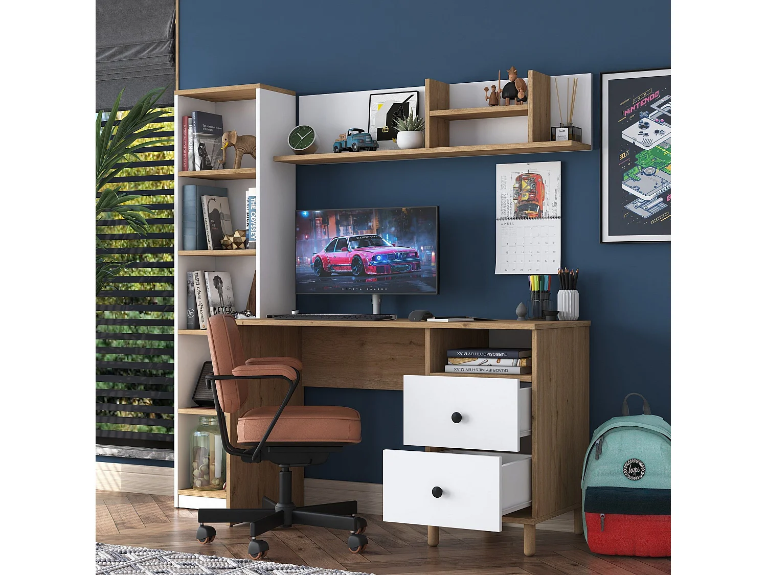 Bureau avec étagère bibliothèque Evrard Bois clair et Blanc