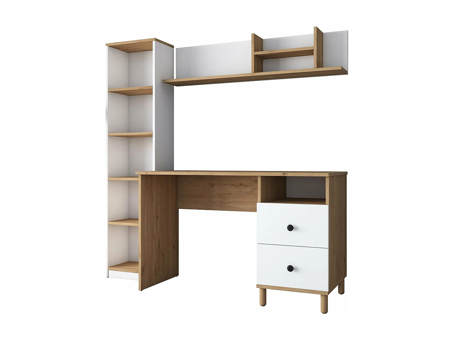 Bureau avec étagère bibliothèque Evrard Bois clair et Blanc