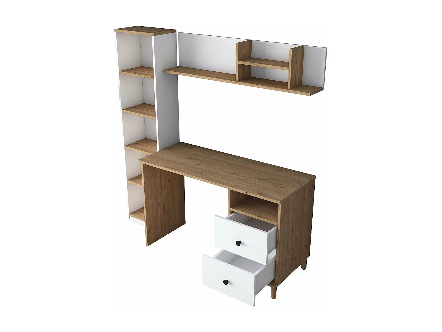 Bureau avec étagère bibliothèque Evrard Bois clair et Blanc