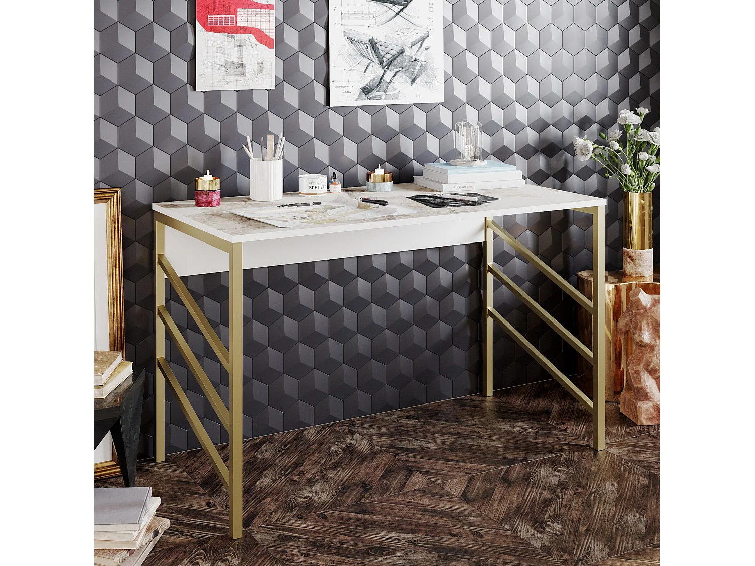 Secretária de Estudo Moderna e Glamourosa Tuna - Dourado e Branco