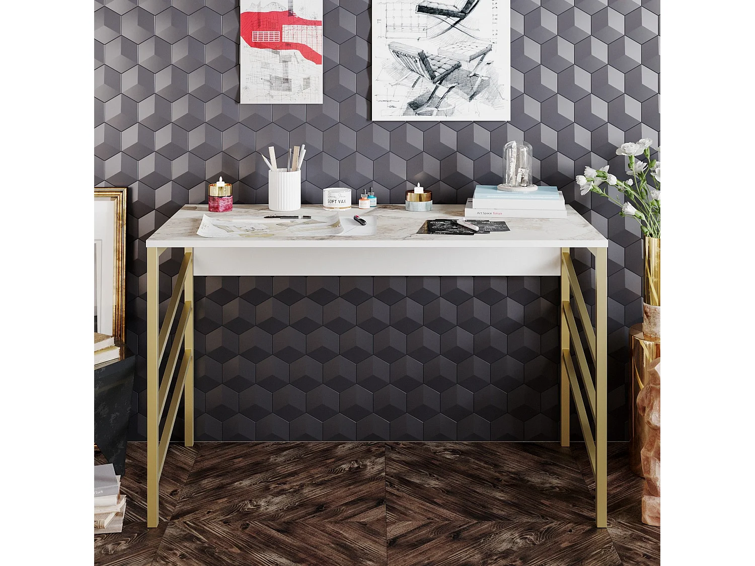 Secretária de Estudo Moderna e Glamourosa Tuna - Dourado e Branco