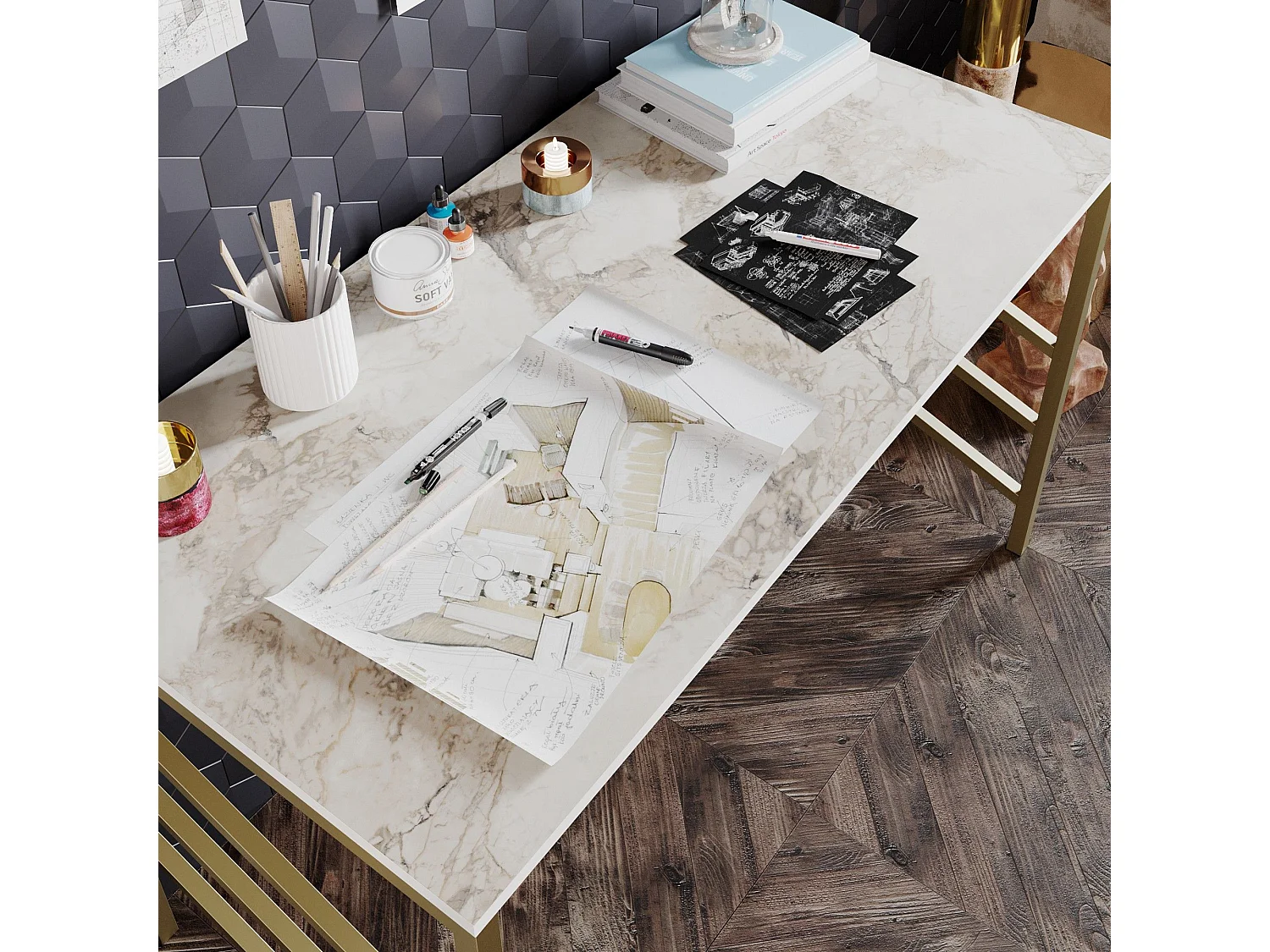 Secretária de Estudo Moderna e Glamourosa Tuna - Dourado e Branco