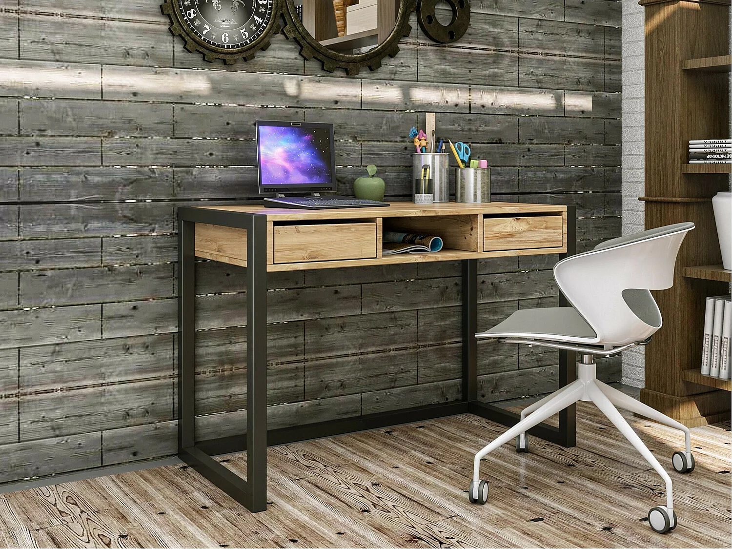 Mesa de oficina Kailua 711, Con cajones, Número de cajones: 2.00, 77x105x55cm, Pino|Negro