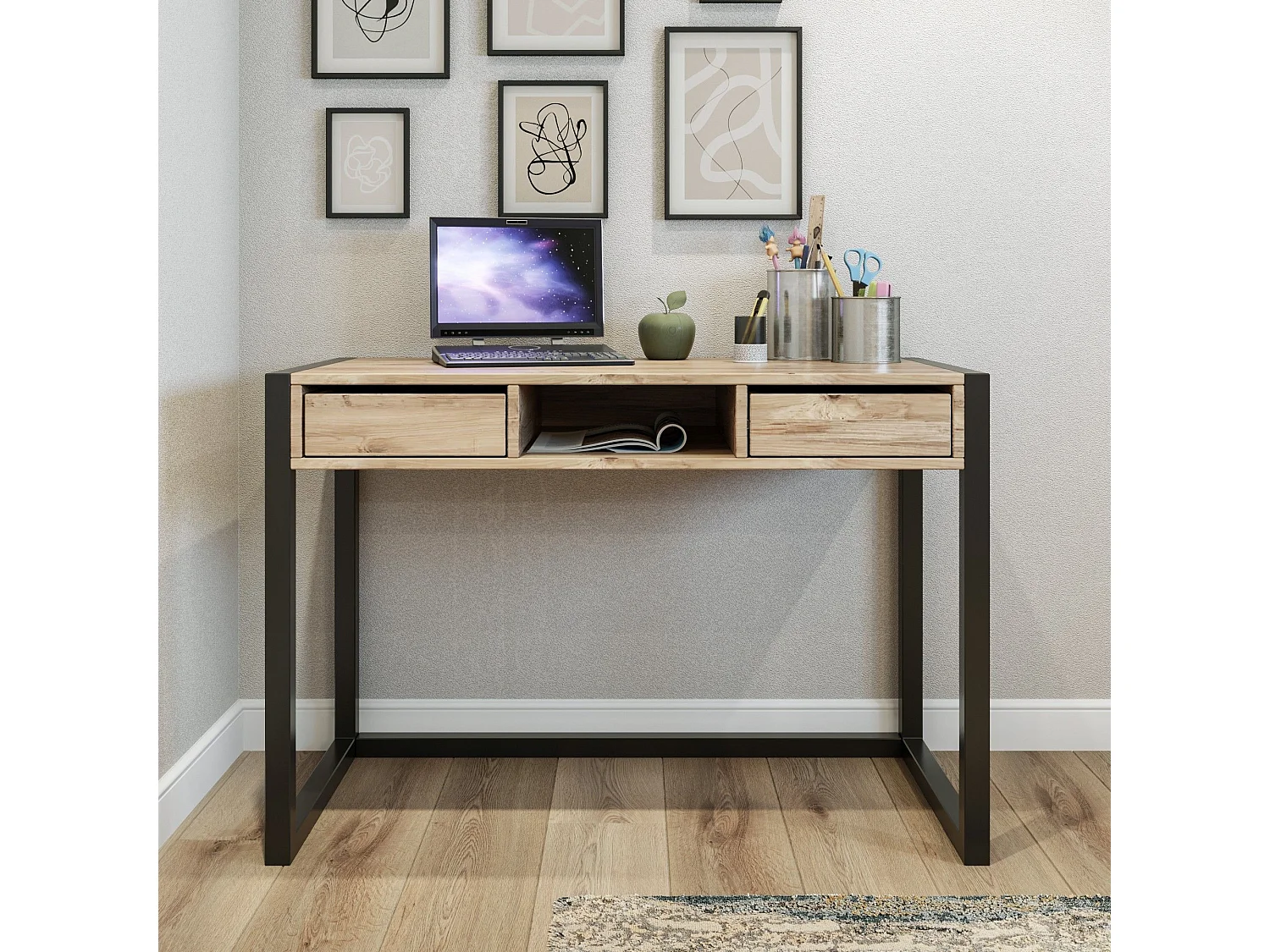 Mesa de oficina Kailua 711, Con cajones, Número de cajones: 2.00, 77x105x55cm, Pino|Negro